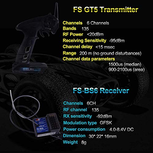 Flysky FS-GT5 6CH RC Transmitter with FS BS6 Receiver, 2.4Ghz AFHDS Transmitter and Receiver for RC Car Boat (Failsafe Function + 200m Range + Great Ergonomic + 4 Climbing Mode)