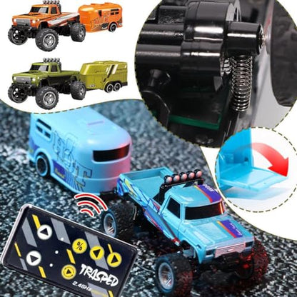 Mini RC Car, 1/64 Scale Mini Remote Control Monster Truck with Trailer, 2.4Ghz & APP Remote Control Rechargeable Alloy Shell RC Cars with Lights, Speed/Steering Adjustable (Gray) - color: Gray