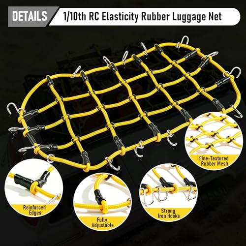 1/10 RC Elastic Cargo Net 19×12cm with Hooks, Scale Luggage Net for TRX4 | Compatible with TRX4 SCX10 D90 Axial 90046 1/10 RC Crawler Truck Accessories (Yellow) - color: Yellow