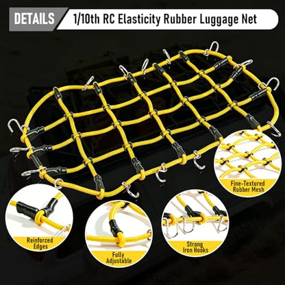1/10 RC Elastic Cargo Net 19×12cm with Hooks, Scale Luggage Net for TRX4 | Compatible with TRX4 SCX10 D90 Axial 90046 1/10 RC Crawler Truck Accessories (Yellow) - color: Yellow