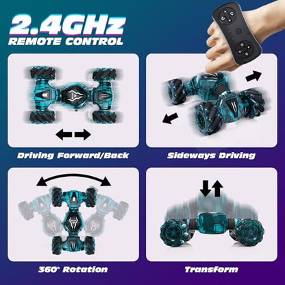 Tecnock Remote Control Car for Boys Girls, 2.4GHz 4WD Gesture Sensing RC Stunt Car Toys - 360° Rotating Double Sided Hand Controlled RC Cars with LED Lights, Gifts for Kids Ages 6-8, 8-12 - color: Deep Green