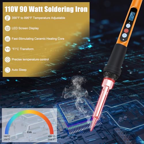 Soldering Iron Kit, 90W 110V Ceramic Heater Fast Heating Welding Pen | Adjustable Temp Soldering Iron with LCD Digital,Auto Sleep,10-in-1 Soldering Gun for PCB, Electronics Repair and DIY Projects - color: 10 in 1 Orange