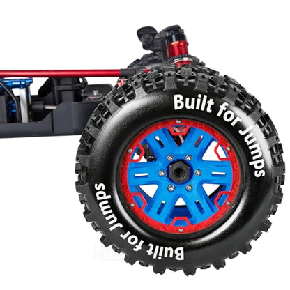 RC Wheels and Tires Set(4PCS) for 1/8 1/10 Monster Truck Tires,1/8 Traxx as/Arrm a 6S/Summi t/ERveo/Redc at/HPI JLB Cheetah RC Off-Road etc,17mm Hex Tire and Wheels/Plastic Rims,Red and Blue - color: Red and Navy Blue-(wheels Tires)