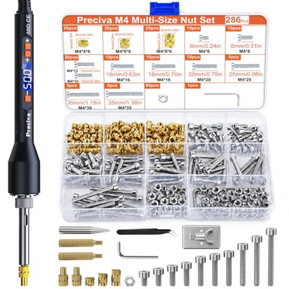 Preciva Heat Set Insert Tool, M4 Threaded Inserts Screw Kit for 3D Printing | Complete Set of Inserts, Soldering Irons & Tips, for 3D Printing, Plastic, DIY, for Surface Finishing & Modification, 291Pcs - size: M4