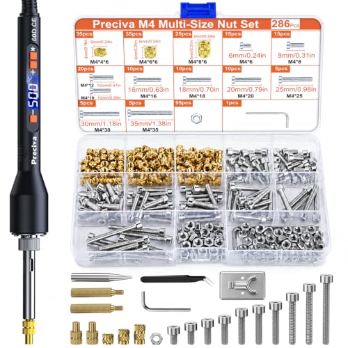 Preciva Heat Set Insert Tool, M4 Threaded Inserts Screw Kit for 3D Printing | Complete Set of Inserts, Soldering Irons & Tips, for 3D Printing, Plastic, DIY, for Surface Finishing & Modification, 291Pcs - size: M4