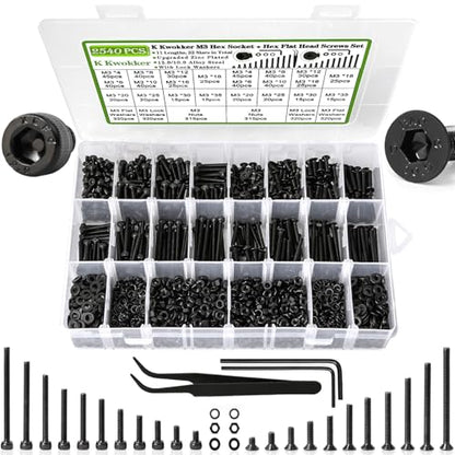 2540Pcs M3 Screw Kit 4MM to 35MM, M3 Socket Head Screws & Flat Head Screws, Upgraded Zinc Plated Assorted Nuts and Bolts Assortment Kit Black M3 Screws with Nuts, Washer and Lock Washers - size: K. M3