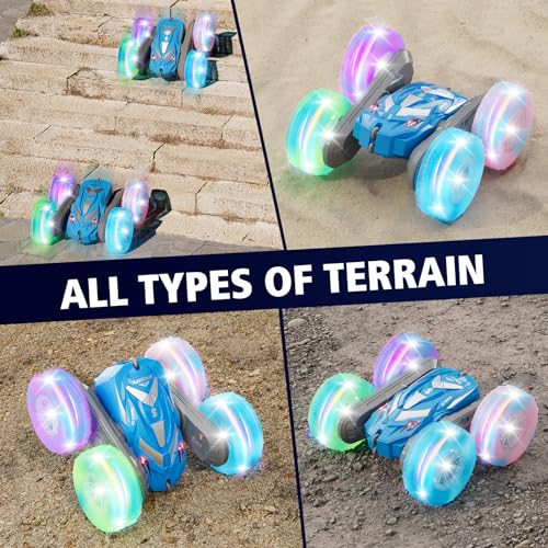 Amicool Remote Control Car for Boys 6-12 with Flashing Lights – 4WD Double-Sided 360° Flip Stunt RC Car | Birthday Indoor & Outdoor Play | Blue - color: Blue