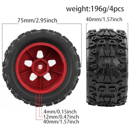 Monster Truck Tires 1/16 1/18 OD'2.95inch for ARRMA Granite Granite/Typhon, WLtoys A949, MJX Hyper Go H16, HAIBOXING 18859E (Red)
