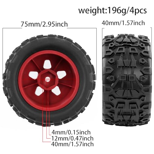 Monster Truck Tires 1/16 1/18 OD'2.95inch for ARRMA Granite Granite/Typhon, WLtoys A949, MJX Hyper Go H16, HAIBOXING 18859E (Red)