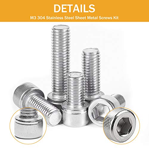 VIGRUE 1110PCS M3 Hex Socket Head Cap Screws Nuts Kit, M3 x 4/5/6/8/10/12/14/16/18/20/25/30mm Stainless Steel Screws Assortment Set W/Allen Wrench and Tip Curved Tweezer - size: M3 Socket silver