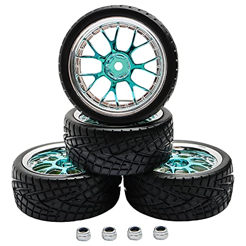 4PCS 12mm Hex Hub RC Cars Wheels and Tires,62mm On Road Touring Rubber Racing Rally Tires Set for 1:10 1:16 1:18 XV01 TT01 TT02B HSP 94122 94123 94103 3850 3851 FW06 16889 RC Cars(Silver Blue)