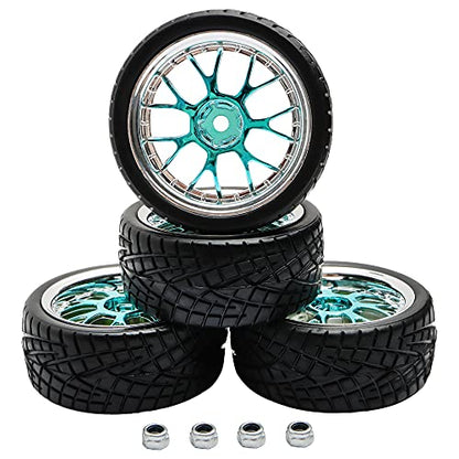 4PCS 12mm Hex Hub RC Cars Wheels and Tires,62mm On Road Touring Rubber Racing Rally Tires Set for 1:10 1:16 1:18 XV01 TT01 TT02B HSP 94122 94123 94103 3850 3851 FW06 16889 RC Cars(Silver Blue)