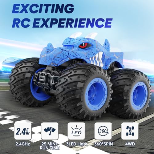 BAODLON Remote Control Monster Car, 2.4GHz RC Monster Trucks Toys for 3 4 5 6 7 8 Years Old Boys Kids, All Terrain RC Truck Off Road with Spray, Light, Rechargeable Battery, Christmas Birthday Gifts - style: Dinosaur-blue