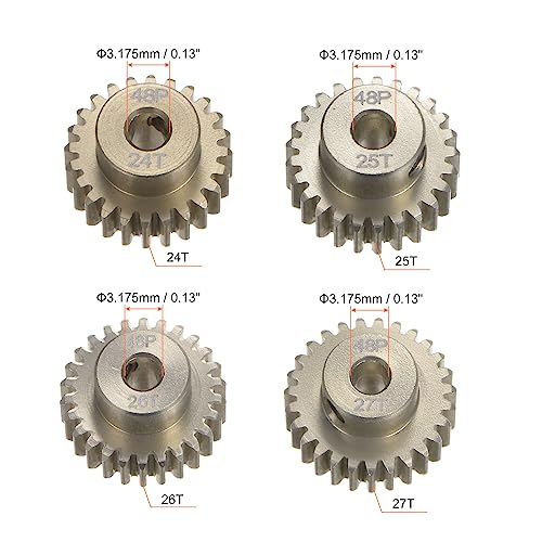 HARFINGTON 48P Hardened Pinion Motor Gear Set 4pcs 24T 25T 26T 27T Fit 1/8 inch RC Motor Shaft 48 Pitch 7075 Aluminum Gears for RC Car, with Hex Key - style: 24T 25T 26T 27T