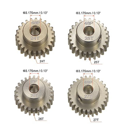 HARFINGTON 48P Hardened Pinion Motor Gear Set 4pcs 24T 25T 26T 27T Fit 1/8 inch RC Motor Shaft 48 Pitch 7075 Aluminum Gears for RC Car, with Hex Key - style: 24T 25T 26T 27T