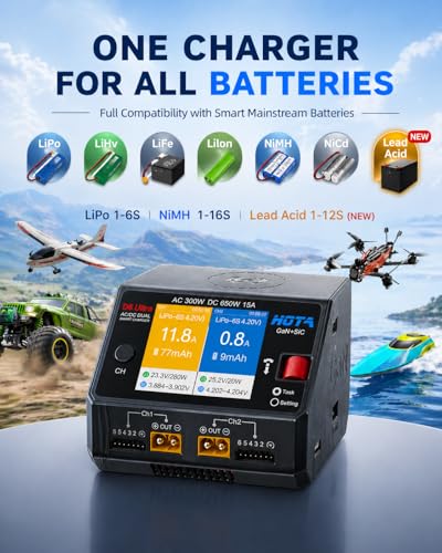 HOTA D6 Ultra GaN+SiC Smart Lipo Charger, 650W DC/300W AC 15A×2 Dual Channel RC Battery Charger for LiPo Life LiIon NiMH Lead Acid 1-6S FPV Drone RC Car Boat with 2.8" Color LCD & Wireless Charging ﻿