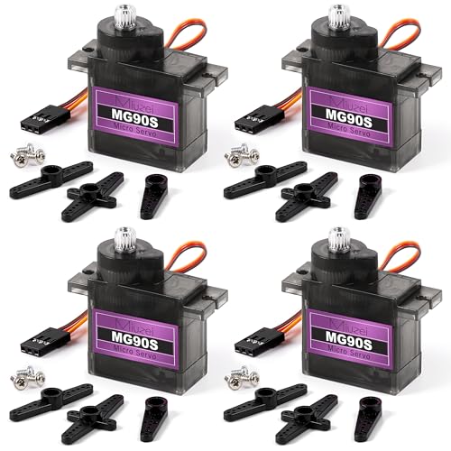 MG90S 9G Micro Servo Motor Metal Gear for RC Plane Robot Arduino (4) | 2.0 kg.cm Torque, 0.08sec/60°Speed. 9 gram Mini Digital 180 Degree Steering Servo Kit for Helicopter Airplane Car Boat Diy