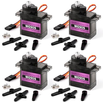 MG90S 9G Micro Servo Motor Metal Gear for RC Plane Robot Arduino (4) | 2.0 kg.cm Torque, 0.08sec/60°Speed. 9 gram Mini Digital 180 Degree Steering Servo Kit for Helicopter Airplane Car Boat Diy
