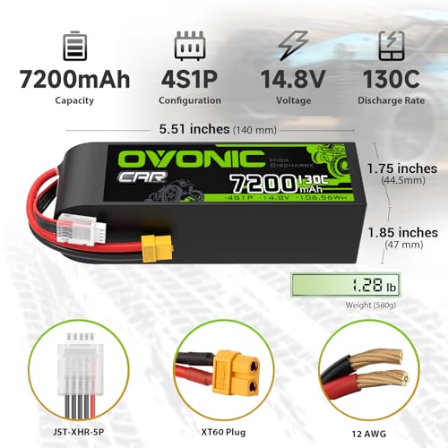 OVONIC 4S LiPo Battery 7200mAh 14.8V 130C RC Battery with XT60 to TRA Connector