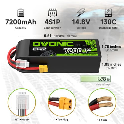 OVONIC 4S LiPo Battery 7200mAh 14.8V 130C RC Battery with XT60 to TRA Connector