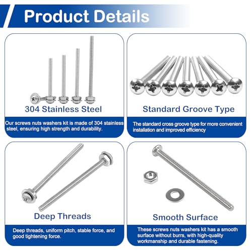 #8-32 x 1-1/2" to 2-1/2" Long Pan Head Machine Screws Kit for Outlet Box | 123Pcs with Nut Washer, 304 Stainless Steel UNC Fully Threaded Phillips Drive, for Wall Plate, Appliance and Furniture Repair - size: #8-32(Long Screws Kit）