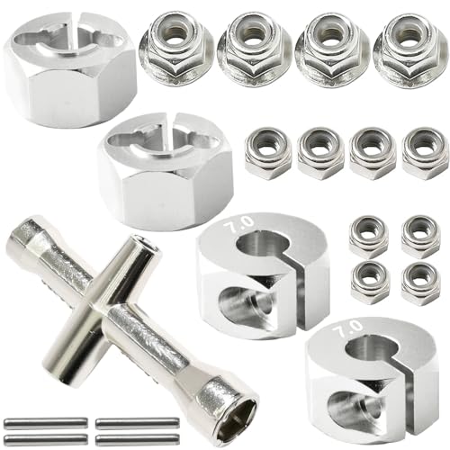 Aluminum 12mm Hex Wheel Hub 4Pcs w/Axle Pin M4 Flange Lock Nut Standard M3 M4 Nut 7mm Thickness Wheel Drive Adapter for 1/10 Traxxas HSP Redcat Rc4wd Tamiya Axial SCX10 WLtoy RC Car(25Pcs) - color: Silver, size: 7.0