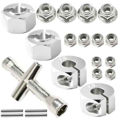 Aluminum 12mm Hex Wheel Hub 4Pcs w/Axle Pin M4 Flange Lock Nut Standard M3 M4 Nut 7mm Thickness Wheel Drive Adapter for 1/10 Traxxas HSP Redcat Rc4wd Tamiya Axial SCX10 WLtoy RC Car(25Pcs) - color: Silver, size: 7.0