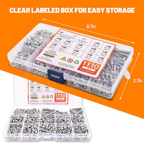 1110-Piece M3 Stainless Steel Socket Head Screw & Nut Kit – Hex Drive Cap Screws (4-30mm) with Allen Wrench & Curved Tweezer – Metric Machine Screw Assortment Set - size: 1110PCS Socket Head