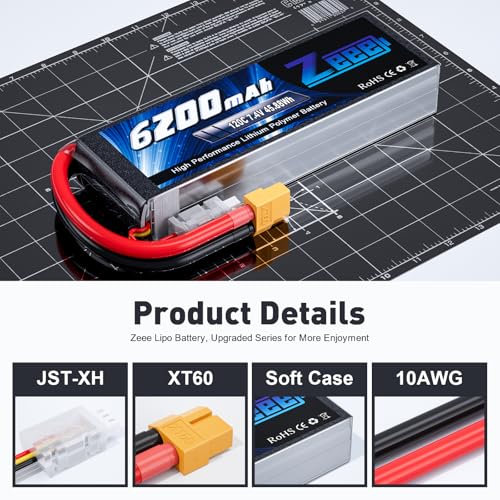 Zeee 2S 6200mAh Lipo Battery 7.4V 120C with XT60 Connector (2 Pack) | Soft Case RC Car Battery for RC Vehicles RC Truck Tank Truggy Boat Racing Hobby Models