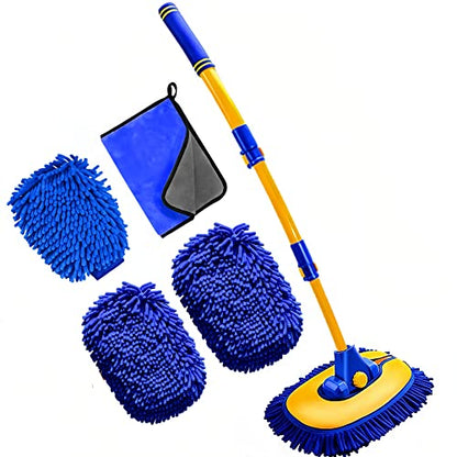 MVEQRRN 15°Curved Chenille Car Wash Brush Mop with Long Handle(Blue) | Chenille car wash mop accessories, cleaning brush supplies, microfiber replacement head, for cars trucks RV - color: Blue-003