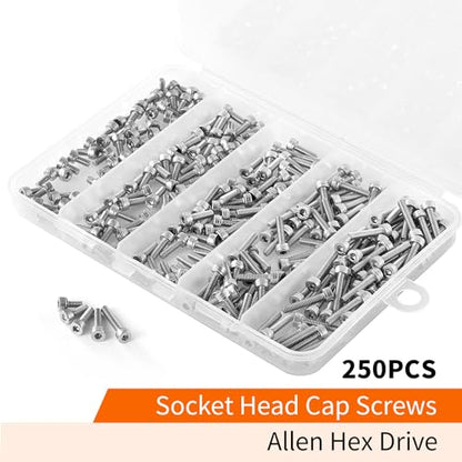 M3 x 6mm 8mm 10mm 12mm 16mm Hex Socket Head Cap Screws Bolts, 304 Stainless Steel, Metric Machine Fully Threaded, Bright Finish, Allen Hex Drive, Assortment Kit 250PCS - size: M3 x 6/8/10/12/16mm (250PCS)