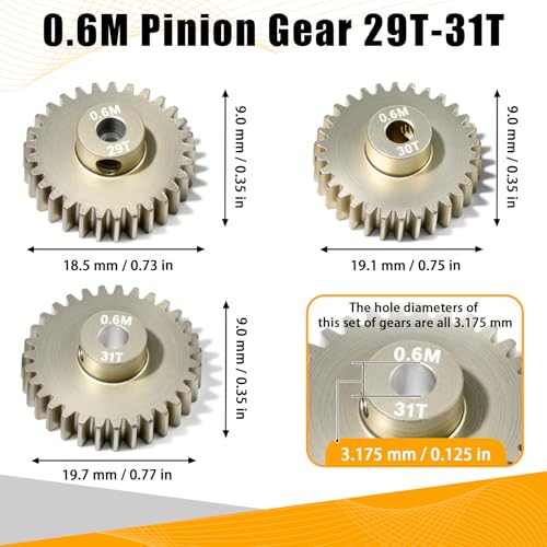 3PCS 0.6 Mod 0.6M Pinion Gear Set 29T 30T 31T, 7075 Aluminum Alloy RC Gears with 3.175mm Bore for 540 550 Brushed Brushless Motors, Fits for 1/10 Tamiya Redcat HSP HPI RC Cars - size: 29 30 31T