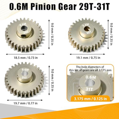 3PCS 0.6 Mod 0.6M Pinion Gear Set 29T 30T 31T, 7075 Aluminum Alloy RC Gears with 3.175mm Bore for 540 550 Brushed Brushless Motors, Fits for 1/10 Tamiya Redcat HSP HPI RC Cars - size: 29 30 31T