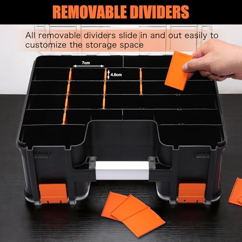 Double Side Tool Box, Multi-Function Storage Toolbox Organizer, 8 Movable Small Trays & Removable Dividers, Transparent Cover Plate, Toolbox For Hobby & Craft Use (15.16"L*12.8"W*6.3"H)