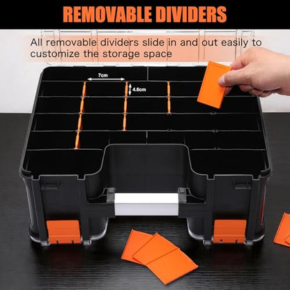 Double Side Tool Box, Multi-Function Storage Toolbox Organizer, 8 Movable Small Trays & Removable Dividers, Transparent Cover Plate, Toolbox For Hobby & Craft Use (15.16"L*12.8"W*6.3"H)