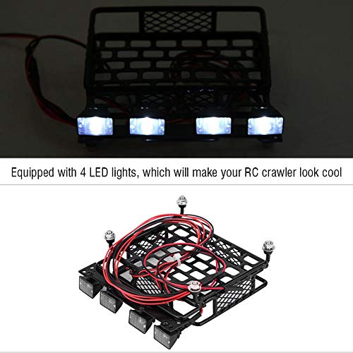 RC Car Roof Rack, Small Size Roof Rack Luggage Carrier with 4 Quadrate LED Lights for Axial SCX10 1/10 Remote Control Crawler Car(4 White Light Color)