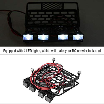 RC Car Roof Rack, Small Size Roof Rack Luggage Carrier with 4 Quadrate LED Lights for Axial SCX10 1/10 Remote Control Crawler Car(4 White Light Color)