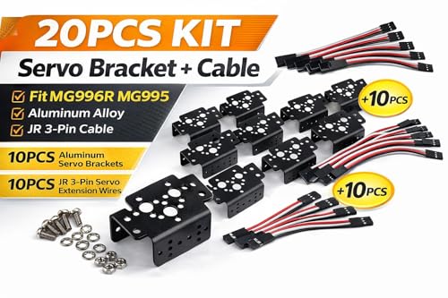 10PCS Servo Bracket Kit + 10PCS Extension Cable for MG995 MG996R – Aluminum Mount Set for Robot Arm, RC Car, Pan Tilt DIY