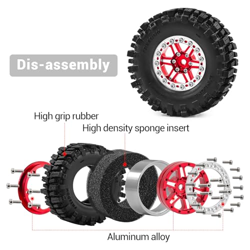 1.3" Wheel Tires Aluminum Wheel for 1/18 1/24 SCX24 TRX4M Upgrade RC Crawler Car (red) - color: red