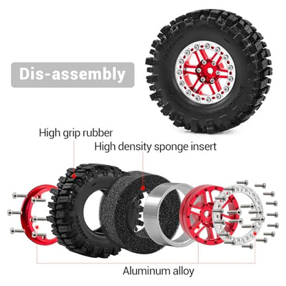 1.3" Wheel Tires Aluminum Wheel for 1/18 1/24 SCX24 TRX4M Upgrade RC Crawler Car (red) - color: red