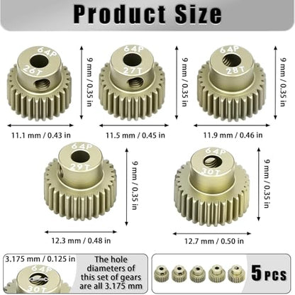 5Pcs 64P Aluminum Alloy Pinion Gear Set 3.175mm 26T 27T 28T 29T 30T Motor Pinion Gear W/ M4 Screw and Hex Key, Fit 3.175mm (1/8-Inch) Shaft, for Arrma HPI Kyosho Losi Axial Traxxas Tamiya 1/10 RC Car - size: 64P-3.175mm-26-30T