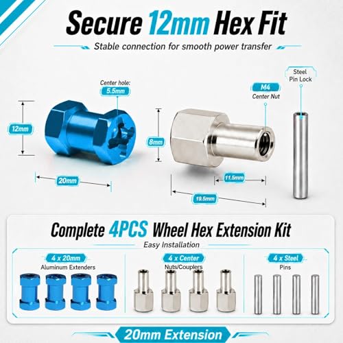 4PCS 12mm Hex Hub 20mm Aluminum Extension Hex for Axial SCX10 D90 90046 | 20mm CNC Wheel Hex Extenders for 1/10 RC Crawlers Redcat Gen7/Gen8 CC01 RC4WD Wider Stance & Tire Clearance with M4 Nuts Pins - color: skyblue
