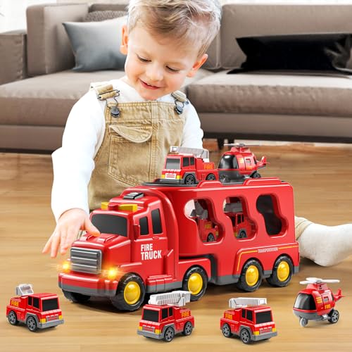 JUKUDAHU Fire Truck Toys for Kids Ages 3-5 - Carrier Vehicle Toy Set | Car Toys for Boys Ages 3+, Fire Toys, Kids Toys Truck Set for Ages 3-9, Birthday Gifts for Boys Girls - style: 5 IN 1 Fire Truck