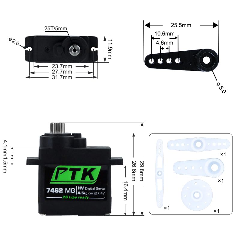 PTK 7462W MG 13g Waterproof Micro Digital Servo Metal Gear Core Motor 4.5kg Torque for SCX24 AX24 1/24 Crawler Cars Robots Fixed Wings Upgrade Parts 180 Degrees (1pcs) - style: PTK 7462W-1pcs
