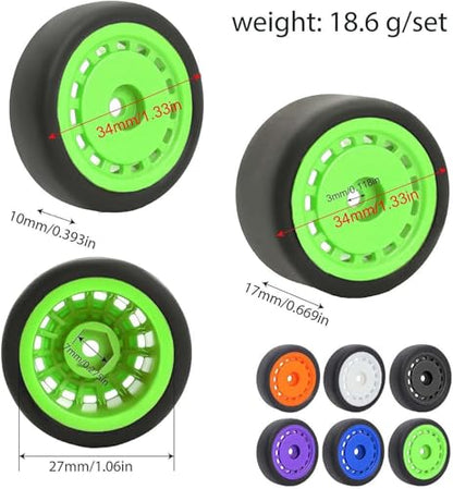 4PCS Pre-Glued On-Road Drift Racing Smooth Rubber Tires and Wheel Rims Set 7MM Hexagon for 1/24 Losi Micro-B RC Car Upgrades Parts (Green) - color: Green