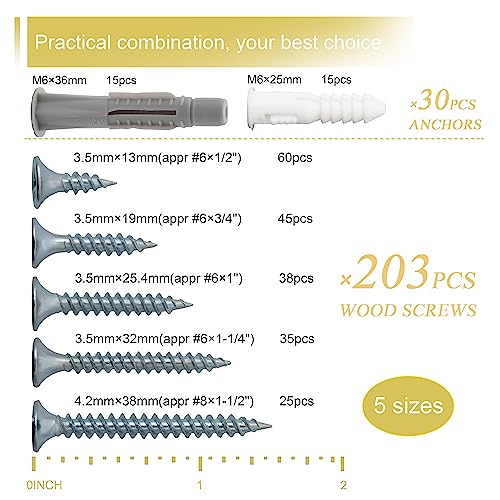JEGONFRI 203PCS 5 Sizes Wood Screws Assortment Kit & 30pcs Wall Anchors | Hardened Steel, Zinc Coated, Rustproof, Sharp Threads Bite Fast, Fits Wood/Drywall/Plastic/Metal, Storage Box Included - style: Screws and Anchors