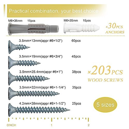 JEGONFRI 203PCS 5 Sizes Wood Screws Assortment Kit & 30pcs Wall Anchors | Hardened Steel, Zinc Coated, Rustproof, Sharp Threads Bite Fast, Fits Wood/Drywall/Plastic/Metal, Storage Box Included - style: Screws and Anchors