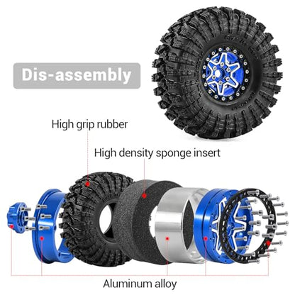 1.9" Alloy Wheels and Rubber Tires 4-Pack, for TRX4, SCX10, SCX10 III, 90046, D90 and Other Popular RC Crawler Models (blue) - color: Blue+W tires