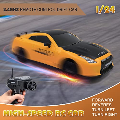 Remote Control Car RC Drift Car 2.4GHz 1:24 Scale 4WD High Speed RC Cars Vehicle with LED Lights Drifting Tires Racing Sport Toy Cars for Adults Boys Girls Kids Gift - color: Yellow