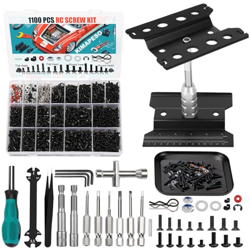 RC Car Repair Work Stand, 1100pcs RC Screw Kit and Vehicle Scale Accessories for Traxxas Axial Redcat Arrma HPI HSP SCX10 RC4WD 1/8 1/10 1/12 1/16 Scale RC Crawler Truck Buggy Car - color: Black